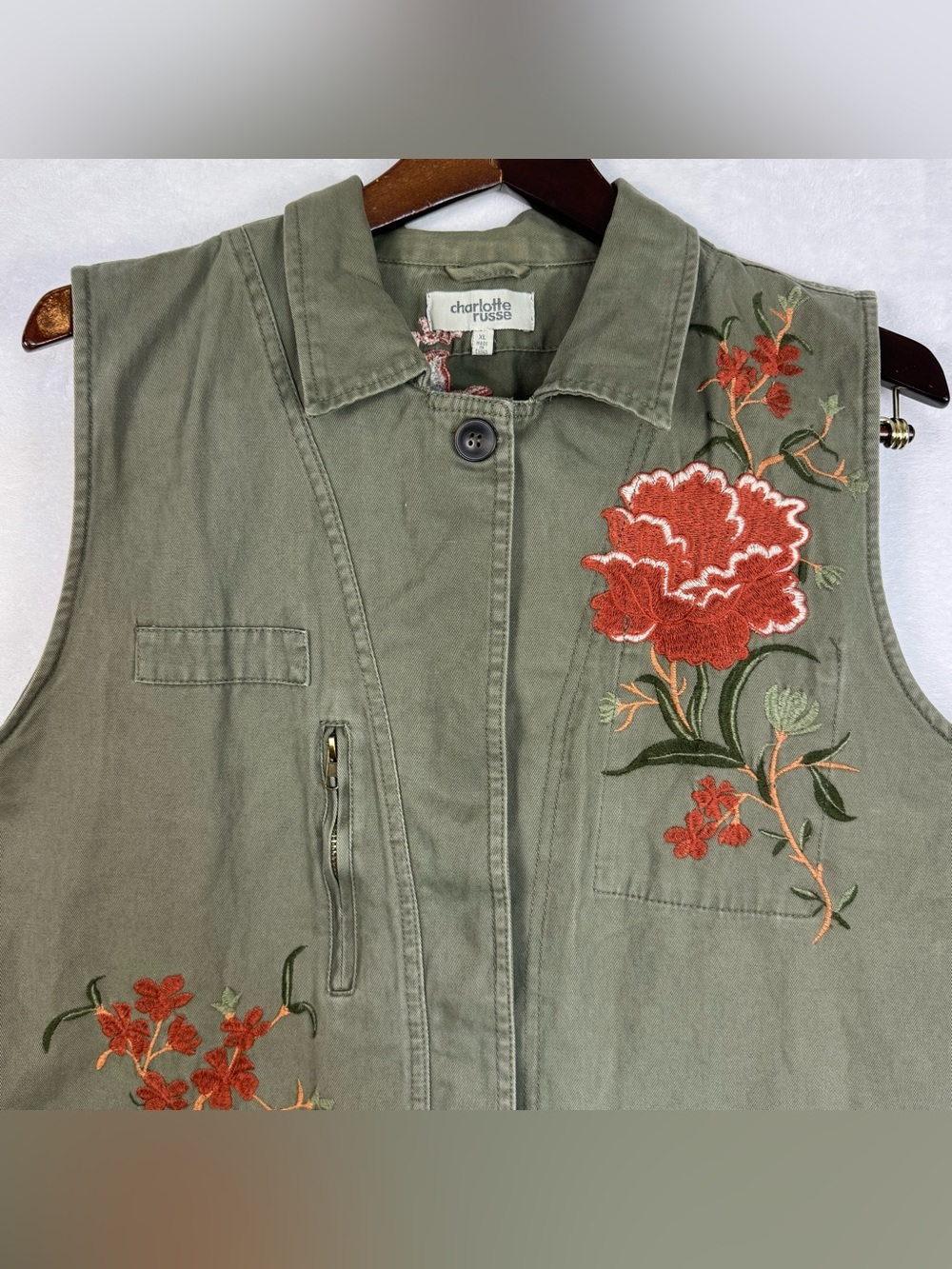 Charlotte Russe Floral Embroidered Utility Vest L Olive Green Y2K - Picture 2 of 12